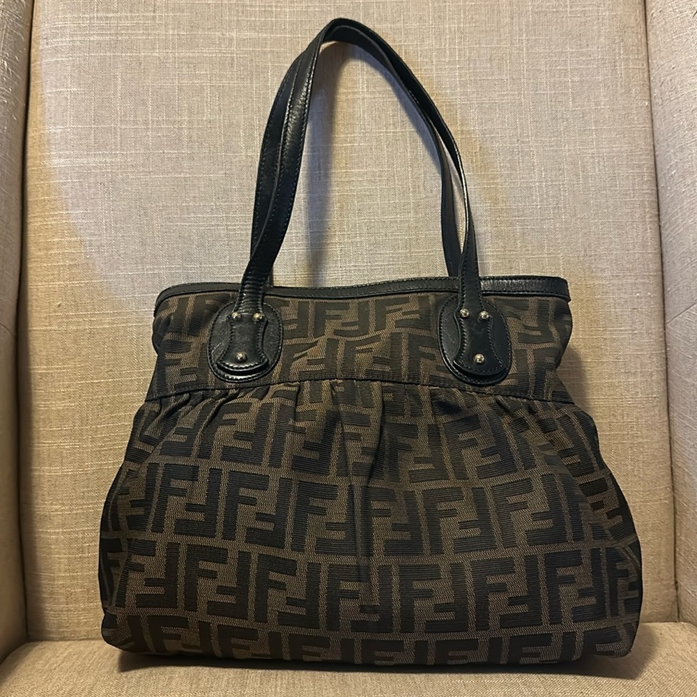 Fendi Zucca FF Brown Canvas Leather Shoulder Bag Hobo Tote